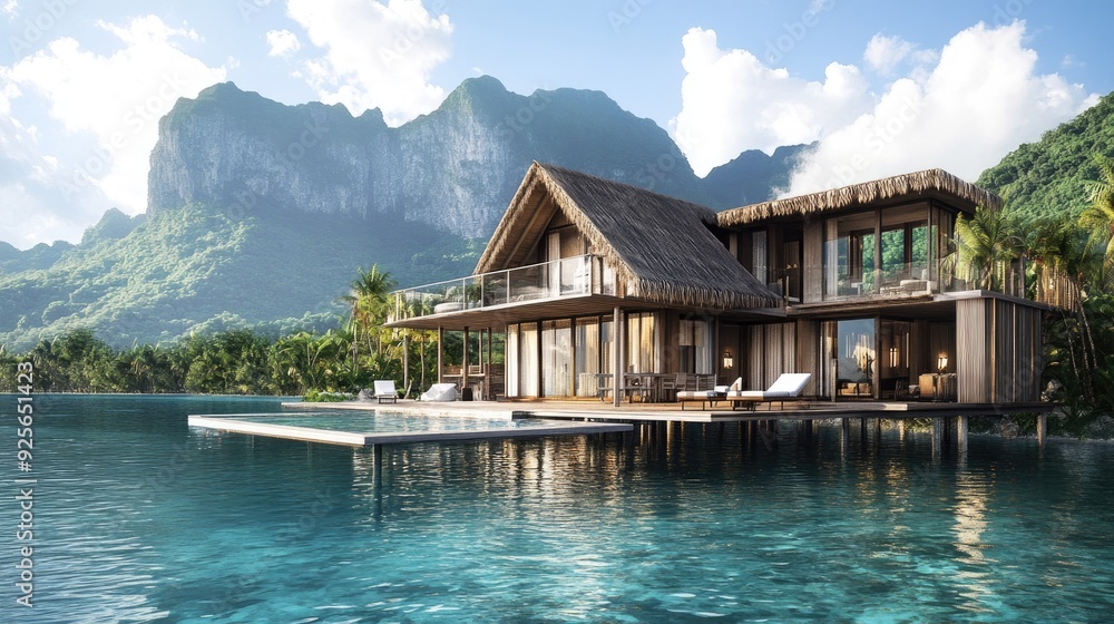 Overwater bungalow with stunning mountain backdrop Overwater bungalow with stunning mountain backdrop
