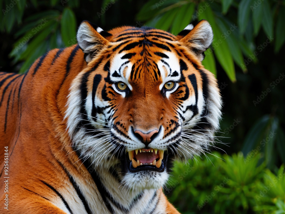 Naklejka premium A close-up of a fierce tiger's face, showing its intense gaze, sharp teeth, and vibrant orange fur with black stripes, set against a lush green background.