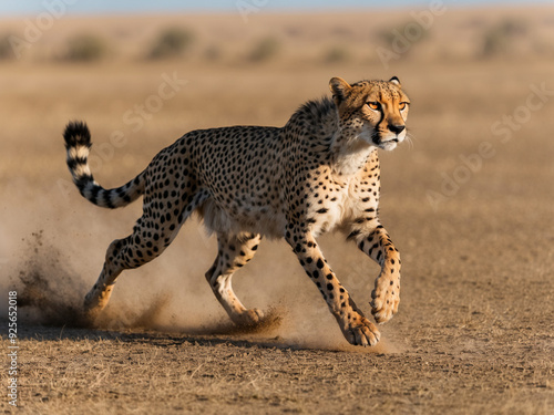 A graceful cheetah sprinting at full speed across an open plain, muscles rippling, with dust kicked up from its powerful strides.