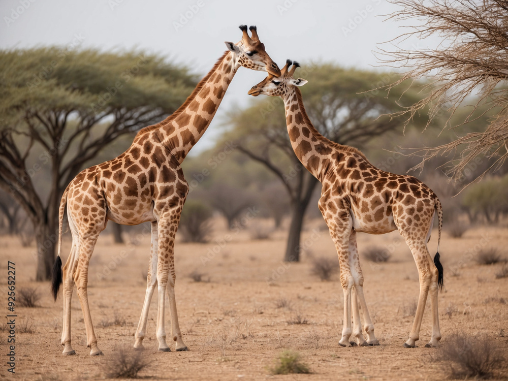 Obraz premium A pair of giraffes standing tall in the middle of a dry acacia forest, their long necks reaching up to the treetops to feed on leaves.