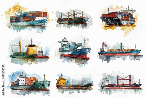 A series of watercolor paintings of different types of ships. The mood of the paintings is serene and peaceful, with the water and sky as the background