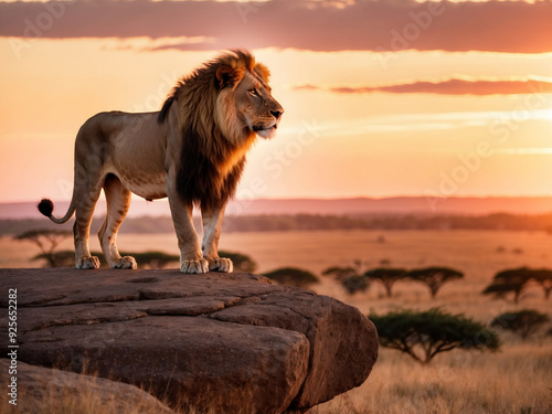 A majestic lion standing on a rocky outcrop, overlooking the savannah at sunset, with the golden light highlighting its mane. photo