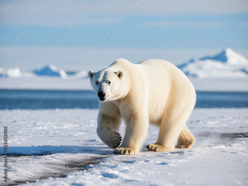 A polar bear walking across a snowy tundra, with the Arctic wind blowing through its fur, and icy blue skies in the background. A polar bear walking across a snowy tundra, with the Arctic wind blowing through its fur, and icy blue skies in the background.