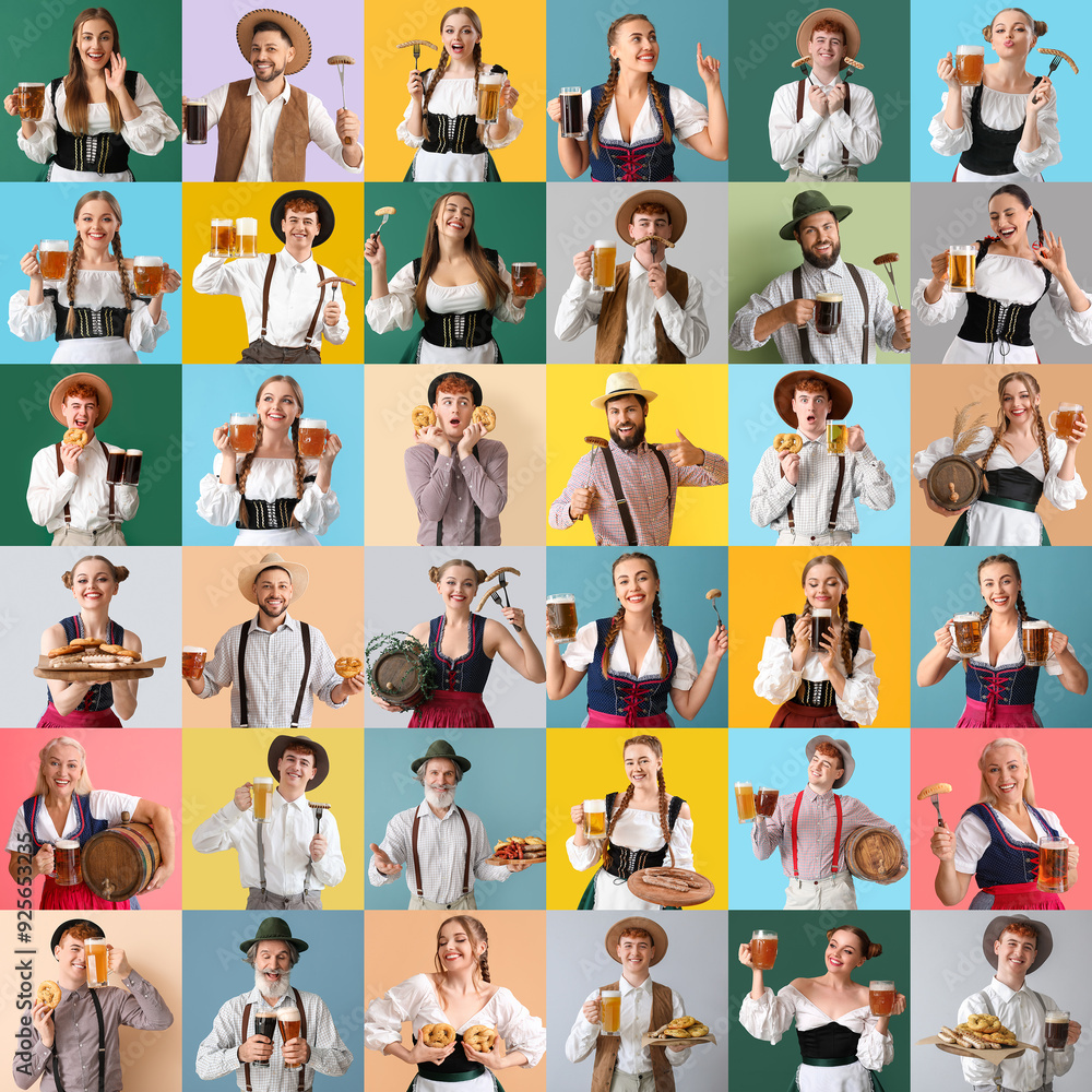 Collage of many people celebrating Octoberfest on color background Collage of many people celebrating Octoberfest on color background