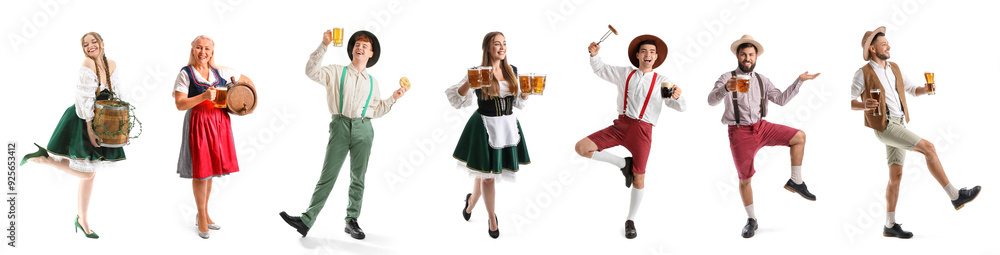 Set of people with beer celebrating Octoberfest on white background Set of people with beer celebrating Octoberfest on white background