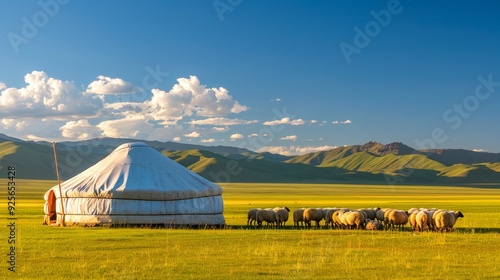 Traditional Nomadic Yurt on a Vast Mongolian Steppe with Grazing Sheep Under Blue Sky