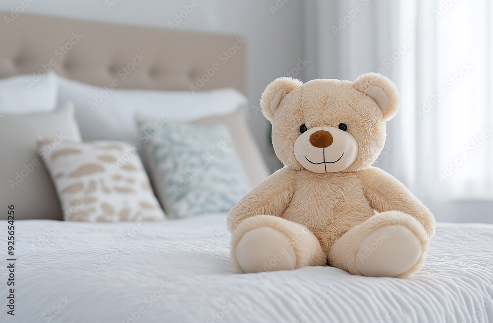 a teddy bear sits on a bed with a pillow behind it a teddy bear sits on a bed with a pillow behind it