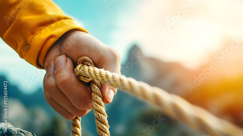 Controlled Descent - Close-up of Person Lowering Rope with Effort, Direction, and Copy Space