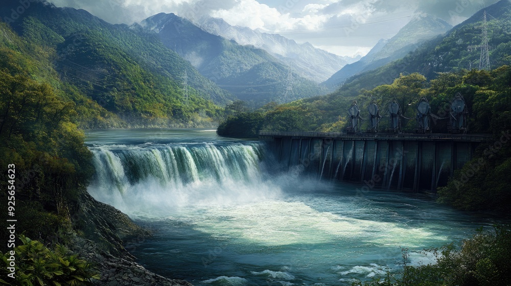 the flow of hydroelectric energy, with powerful water turbines in a river generating electricity, surrounded by lush greenery and mountains the flow of hydroelectric energy, with powerful water turbines in a river generating electricity, surrounded by lush greenery and mountains