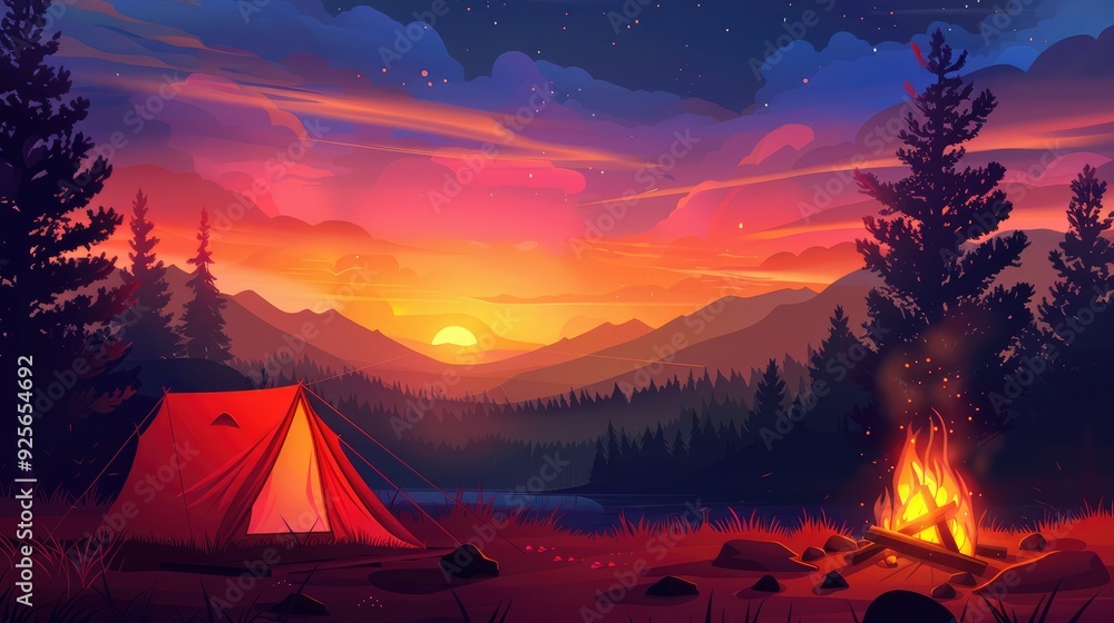camping sign Fire and tent at sunset camping sign Fire and tent at sunset