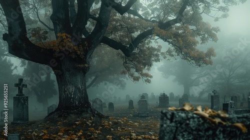 Mysterious fog cemetery concept with big trees