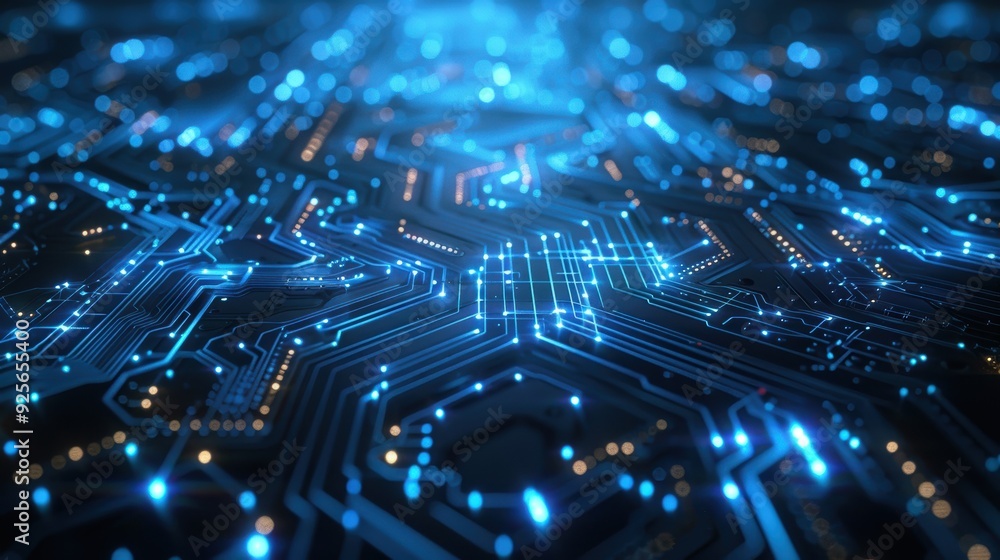 A computer chip with many blue and yellow lights A computer chip with many blue and yellow lights