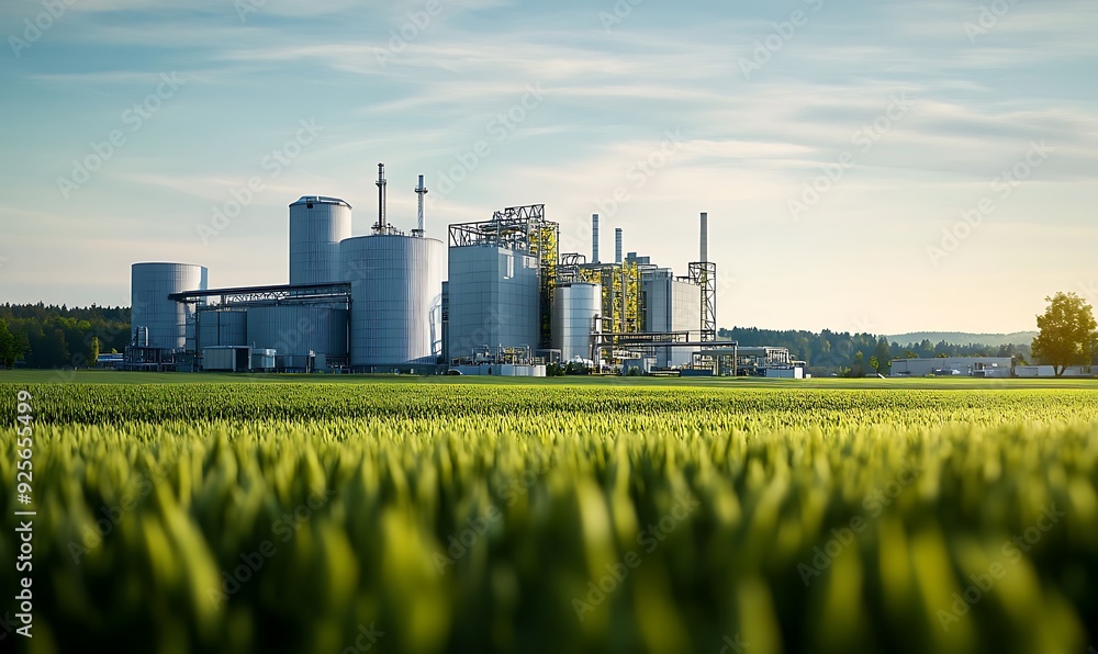 Large-Scale Biomass Processing Plant Surrounded by Green Fields, Efficiently Converting Waste into Biofuel Large-Scale Biomass Processing Plant Surrounded by Green Fields, Efficiently Converting Waste into Biofuel