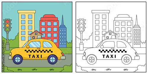 Coloring book for kids, taxi vector