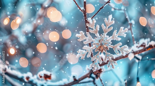 A snowflake is on a branch in the snow. The snowflake is surrounded by a blurry background of lights