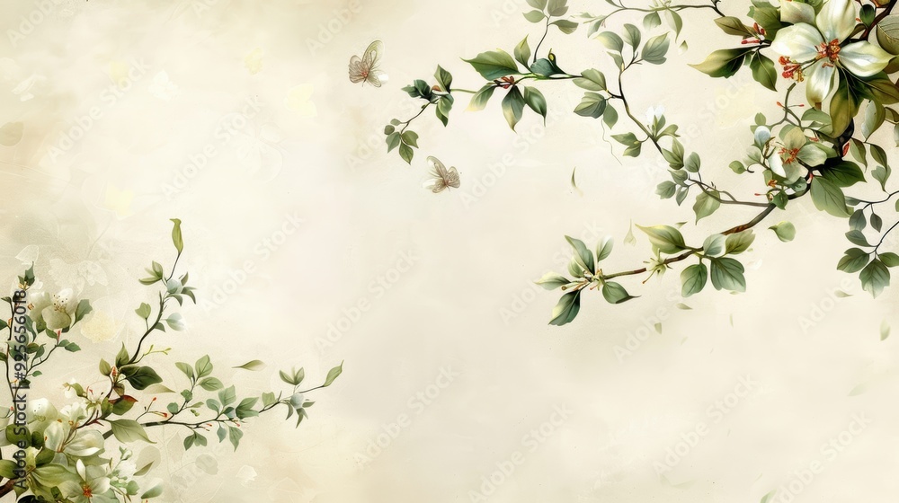 A painting of a tree with leaves and a butterfly. The painting has a serene and peaceful mood, with the butterfly and leaves creating a sense of calmness and tranquility A painting of a tree with leaves and a butterfly. The painting has a serene and peaceful mood, with the butterfly and leaves creating a sense of calmness and tranquility