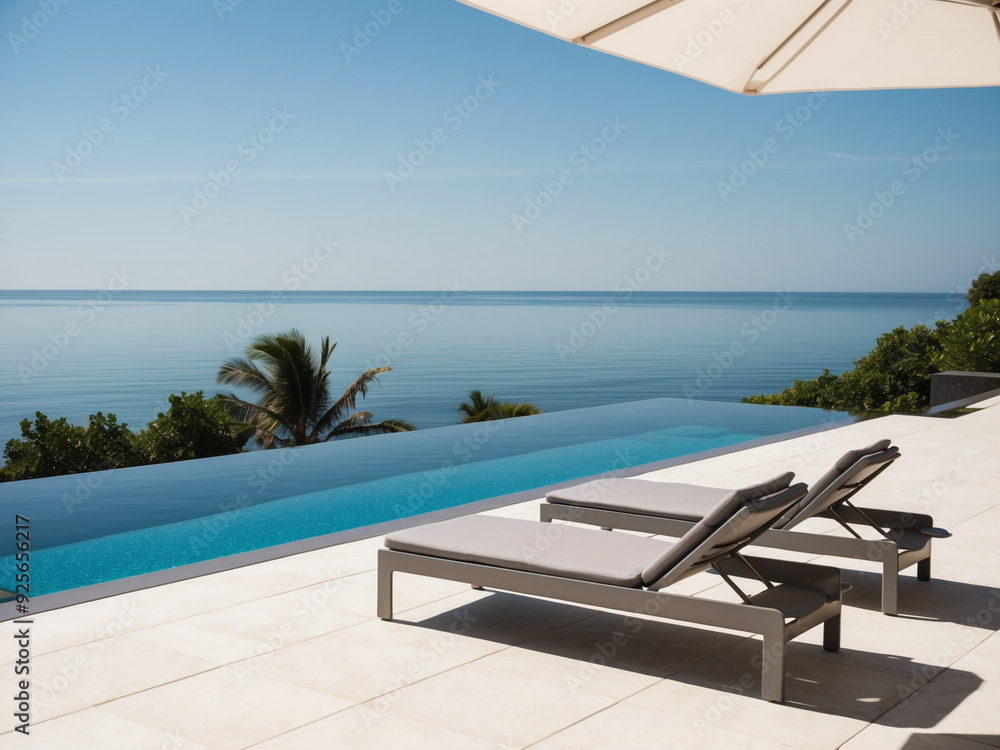 Fototapeta premium Modern villa terrace with sleek sun beds placed near an infinity pool that merges seamlessly with the horizon.