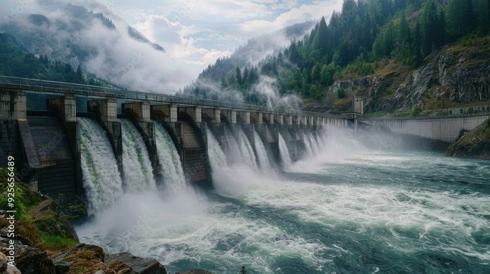 A dam with a river flowing from the base, capturing the relationship between natural watercourses and man-made structures. A dam with a river flowing from the base, capturing the relationship between natural watercourses and man-made structures.