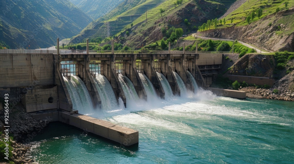 A dam with a river flowing from the base, capturing the relationship between natural watercourses and man-made structures. A dam with a river flowing from the base, capturing the relationship between natural watercourses and man-made structures.