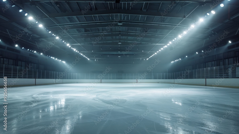 A deserted ice rink bathed in soft spotlight, creating a serene and quiet atmosphere. A deserted ice rink bathed in soft spotlight, creating a serene and quiet atmosphere.