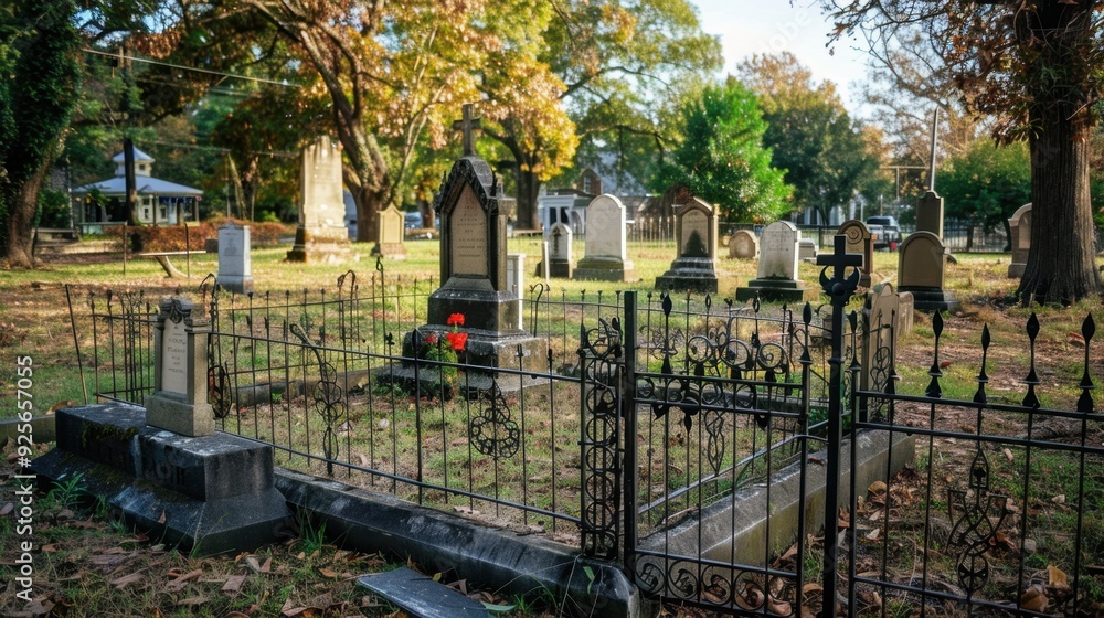 A family grave plot with multiple headstones, enclosed by a wrought-iron fence, symbolizing family heritage and legacy. A family grave plot with multiple headstones, enclosed by a wrought-iron fence, symbolizing family heritage and legacy.