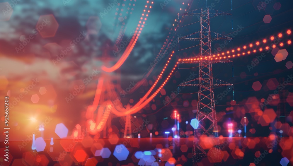 A stock market graph with an electric tower in the background, indicating high energy pole depths and challenges for growth and support of electricity. A stock market graph with an electric tower in the background, indicating high energy pole depths and challenges for growth and support of electricity.