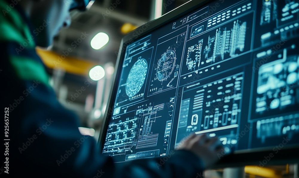 Technician Monitoring Biomass Processing System with Digital Interfaces Displaying Waste Conversion Metrics Technician Monitoring Biomass Processing System with Digital Interfaces Displaying Waste Conversion Metrics