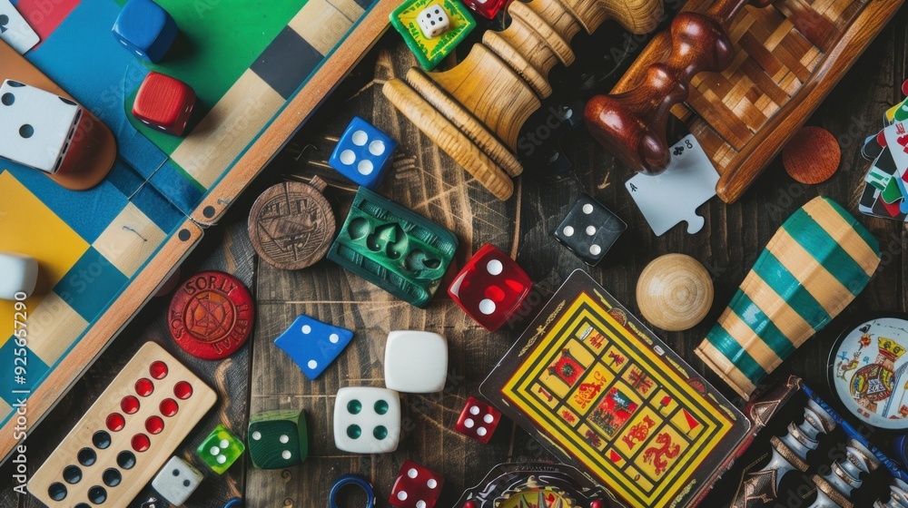 Dice and Board Games On Wooden Table. Dice and Board Games On Wooden Table.