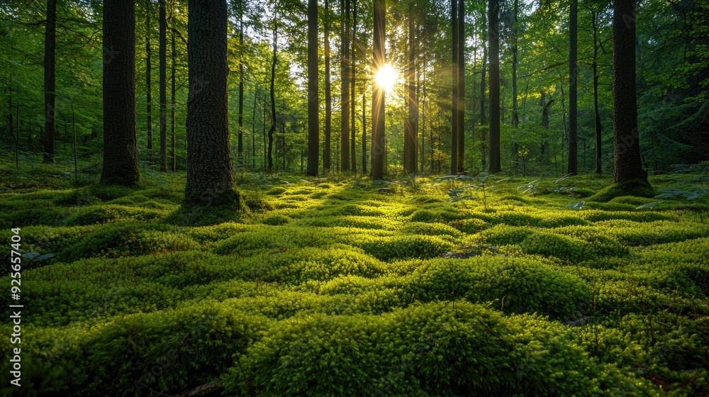Fototapeta premium Vibrant green moss covering the forest floor in a sunlit woodland