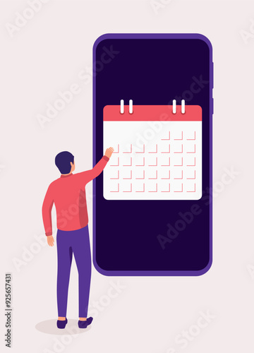 Back View Of A Man Standing In Front Of Mobile Phone Display And Checking The Calendar App.