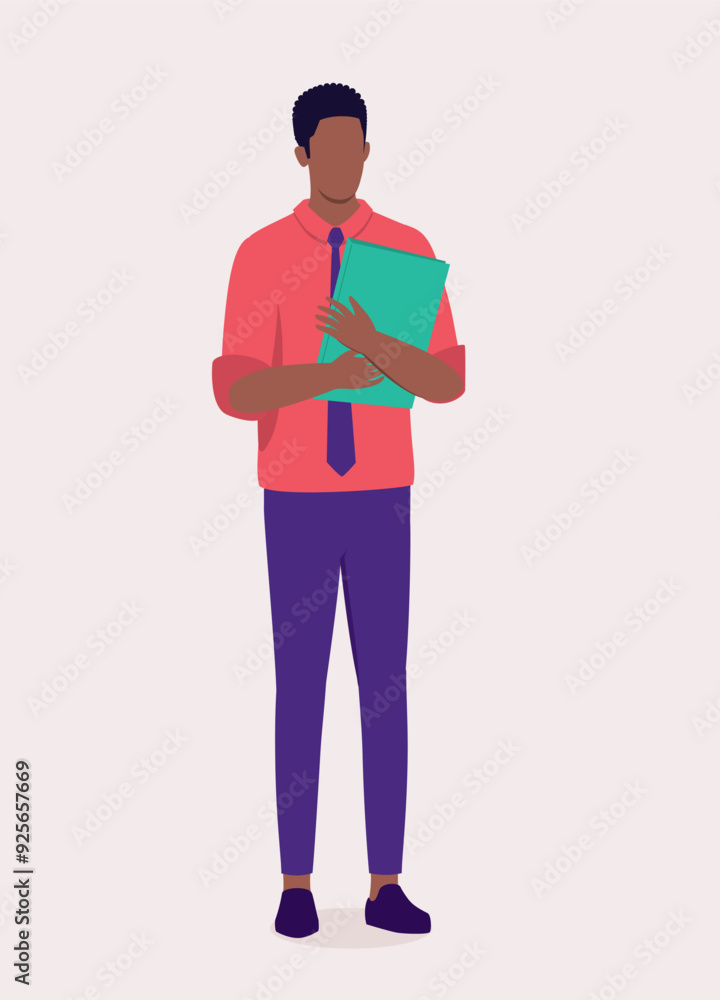 Black Man Office Worker Standing And Holding A Document File. Black Man Office Worker Standing And Holding A Document File.
