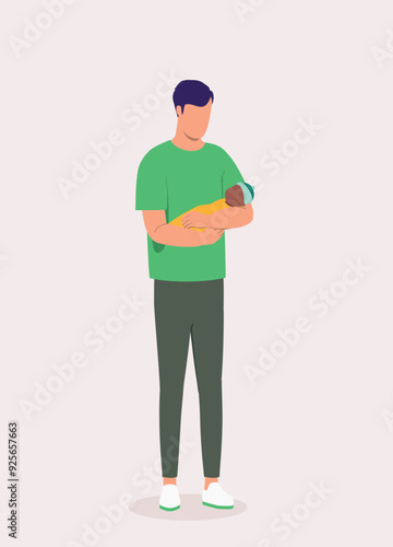 Portrait Of A Father Standing And Carrying His Black Newborn Baby With Both Arms.