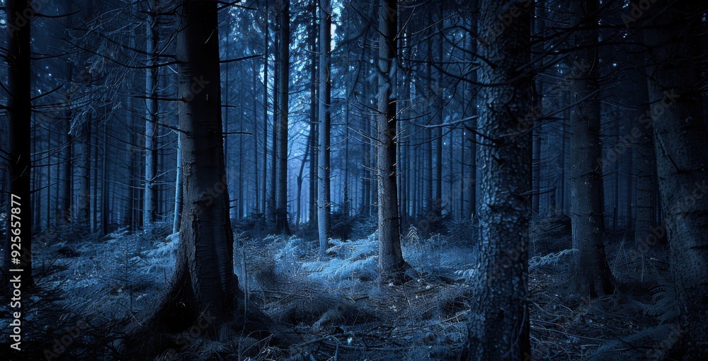 Fototapeta premium A mystical, blue-tinted forest scene at night, featuring tall trees and dense underbrush illuminated by subtle light.
