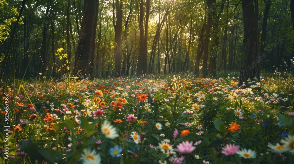 Fototapeta premium A forest floor covered in wildflowers.