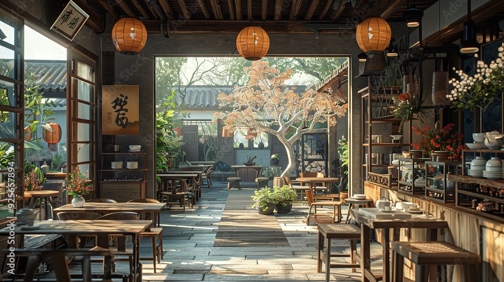 Cozy and Inviting Rustic Cafe Interior with Natural Lighting and Greenery Cozy and Inviting Rustic Cafe Interior with Natural Lighting and Greenery