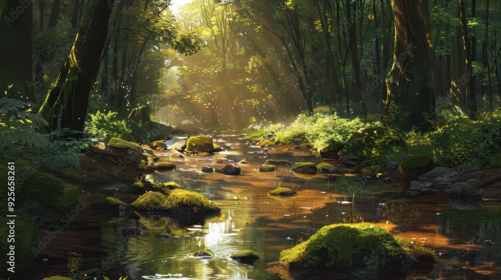 Obraz premium A gentle stream flowing through a forest, with sunlight dappling the water and moss-covered rocks.