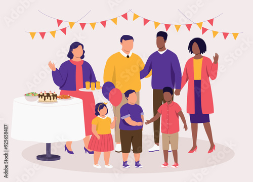 Families With Different Ethnic Celebrating A Birthday Party Together. Plus Size Family Inviting Their Black Neighbour To Celebrate Their Kids Birthday Party Together.