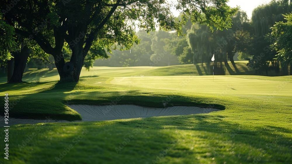 Obraz premium A golf course fairway with a strategically placed bunker and a distant green, emphasizing the layout.