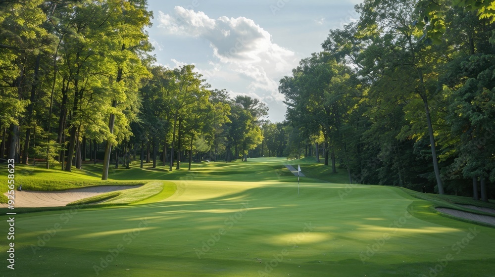 Fototapeta premium A golf course fairway with a strategically placed bunker and a distant green, emphasizing the layout.