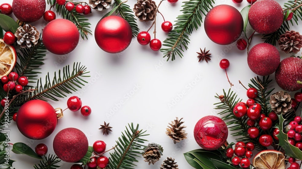 A Christmas tree with red ornaments and pine cones. The tree is surrounded by a white background A Christmas tree with red ornaments and pine cones. The tree is surrounded by a white background