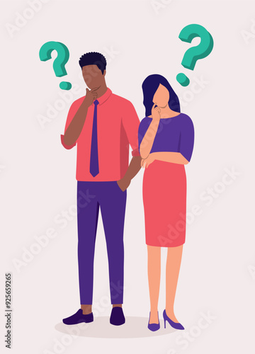 Interracial Of Male And Female Office Workers Standing And Thinking A Question.