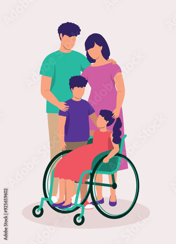 Portrait Of A Young Disabled Little Daughter In Wheelchair With Her Father, Mother And Brother.