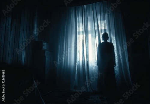 A mysterious silhouette stands by a curtain-draped window, bathed in blue twilight.