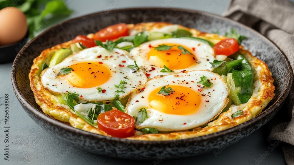 Eggs in a savory pancake with vegetables Eggs in a savory pancake with vegetables