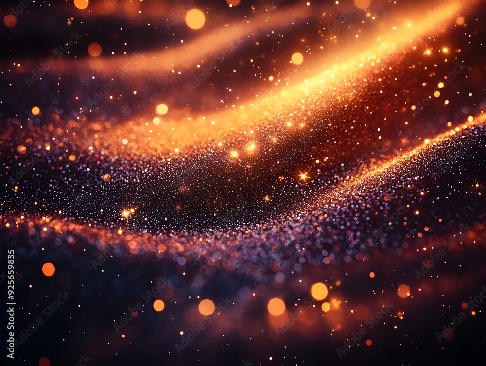 Obraz premium Cosmic Dance: A Mesmerizing Tapestry of Twinkling Starlight and Luminous Sparkles, Vibrant Golden Glows, and Glistening Particles Flowing Across a Mystical Celestial Landscape in the Deepest Night