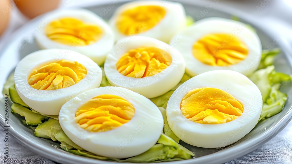 Hardboiled eggs being peeled and sliced for a salad Hardboiled eggs being peeled and sliced for a salad