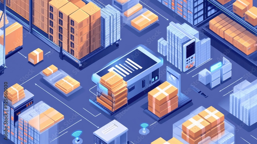 an isometric illustration of a smart warehouse management system with emphasis on inventory control. with IoT devices