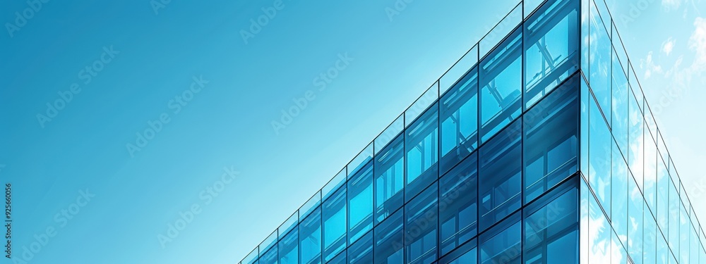 Fototapeta premium A tall building with a blue sky in the background. The building is made of glass and has a modern design