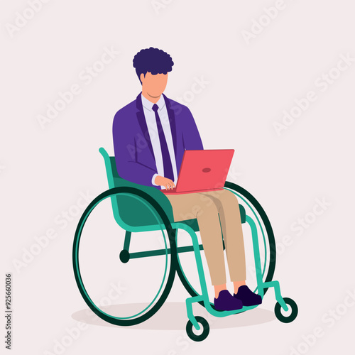 One Disabled Businessman In Wheelchair Working With Laptop.