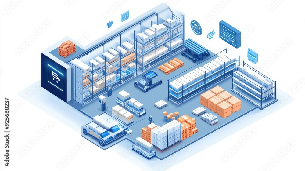 an isometric illustration of a smart warehouse management system with emphasis on inventory control. with IoT devices an isometric illustration of a smart warehouse management system with emphasis on inventory control. with IoT devices
